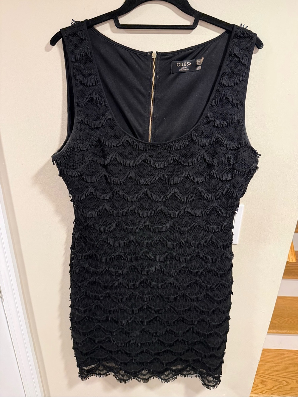 Guess Black Fringe Scalloped Mesh Sleeveless Mini Shift Grunge Dress Size 14